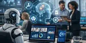 Robot dan tim HR menganalisis data karyawan di komputer, menunjukkan penggunaan AI dalam manajemen sumber daya manusia.