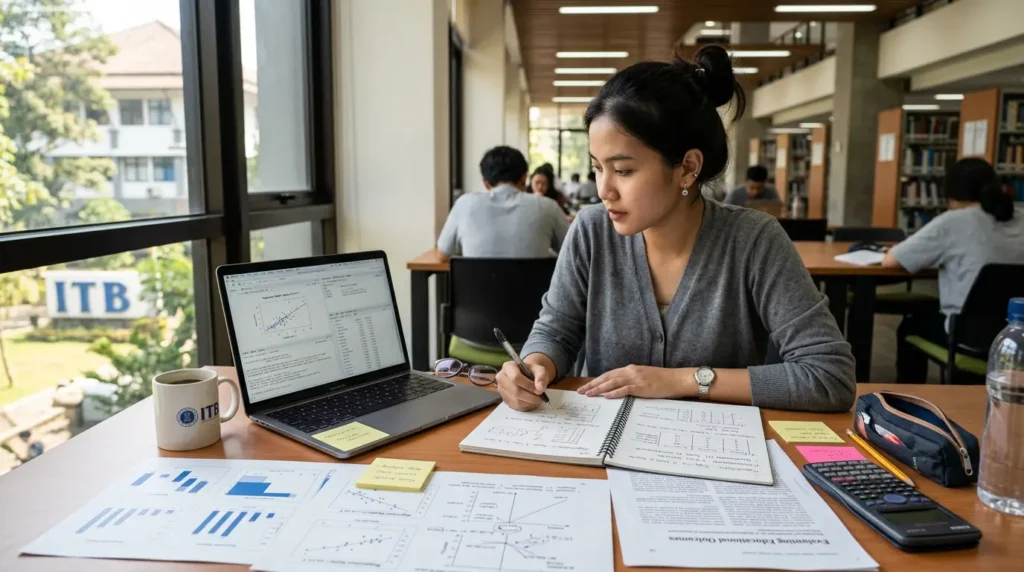 Beranda V2 1 Mahasiswa menganalisis data penelitian dan variabel penelitian di perpustakaan kampus menggunakan laptop dan catatan.