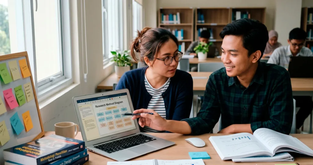 Beranda V2 2 Dua mahasiswa berdiskusi memilih metode penelitian sesuai topik dan tujuan penelitian menggunakan laptop dan buku.