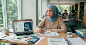 Mahasiswi sulit fokus belajar karena distraksi ponsel sambil mencoba mengatur waktu dan tugas belajar.