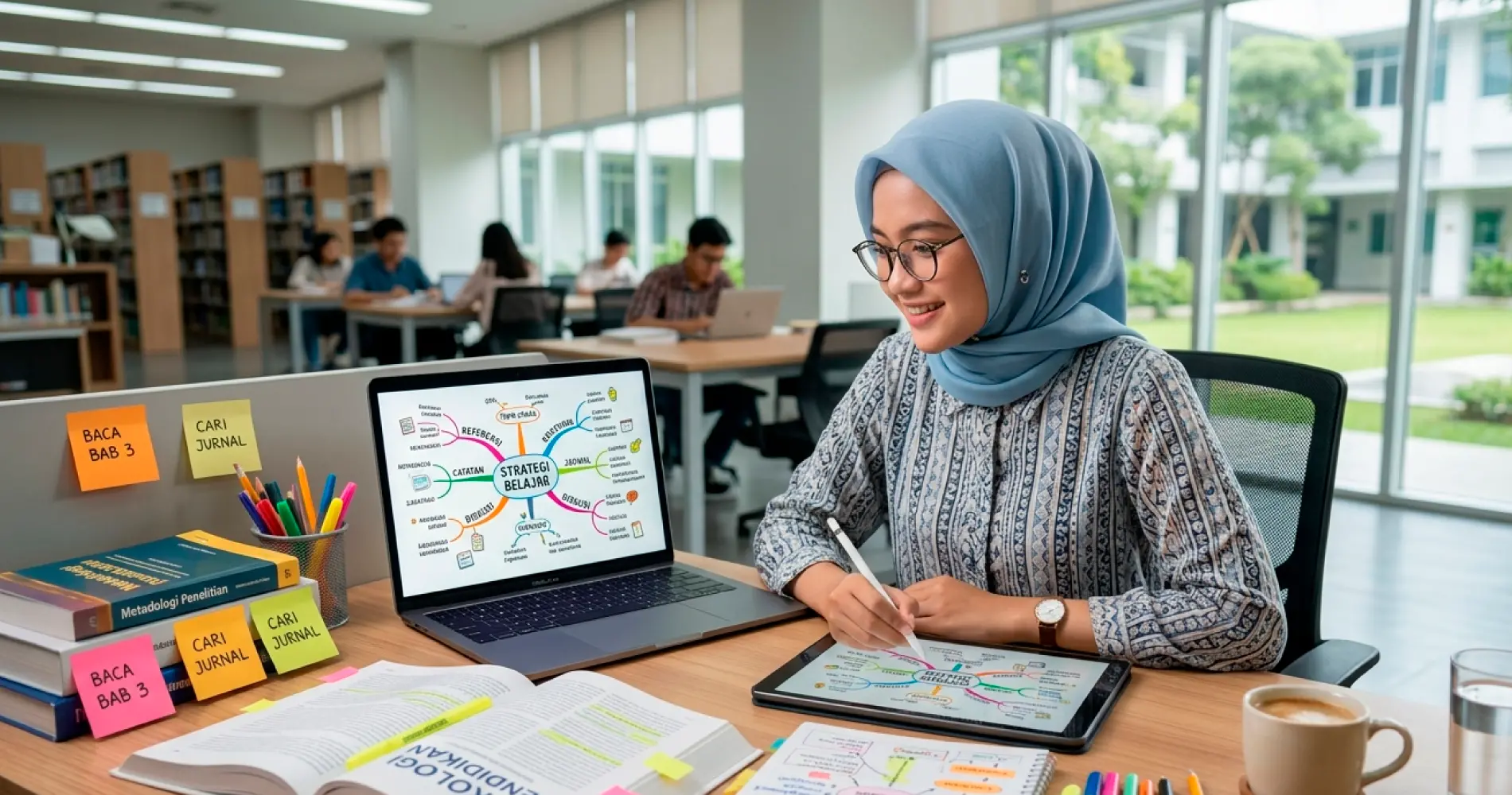 Beranda V2 11 Mahasiswi membuat mind mapping digital di laptop dan tablet untuk membantu belajar lebih terstruktur.