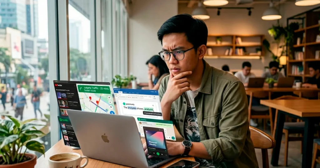 Beranda V2 1 Pria menggunakan laptop dengan fitur AI sehari-hari tanpa sadar saat bekerja dan mencari informasi.