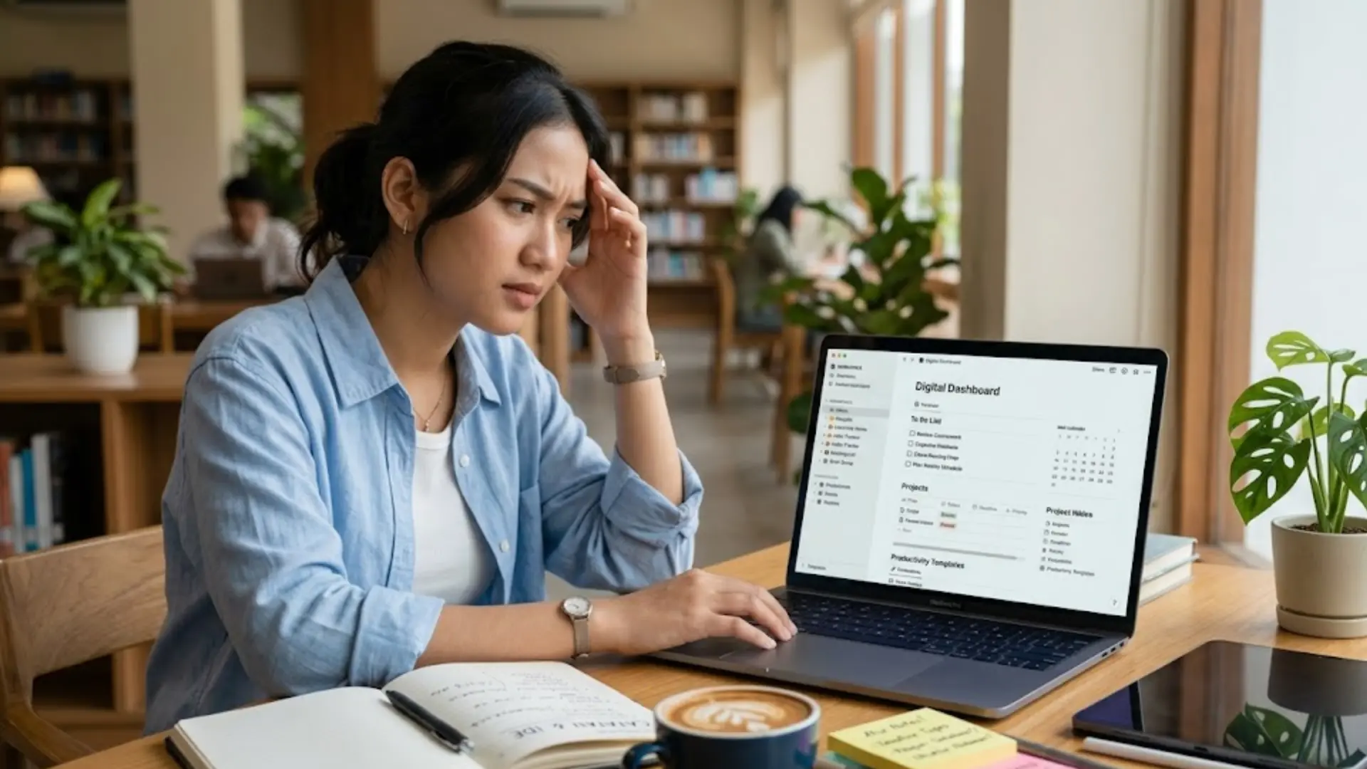 Beranda V2 11 Mahasiswi bingung menggunakan workspace digital untuk mengatur tugas dan catatan belajar lebih rapi.