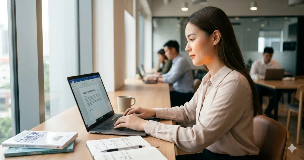 Beranda V2 1 Seorang wanita muda fokus mengetik di laptop, membuat profil dirinya. Tablet di sampingnya menampilkan pesan dari perekrut yang tertarik.