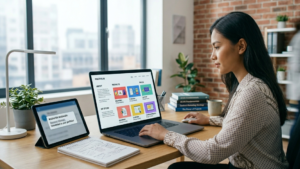 Seorang wanita fokus di laptop, dengan tablet menampilkan pesan bahwa perekrut tertarik pada portofolio onlinenya.