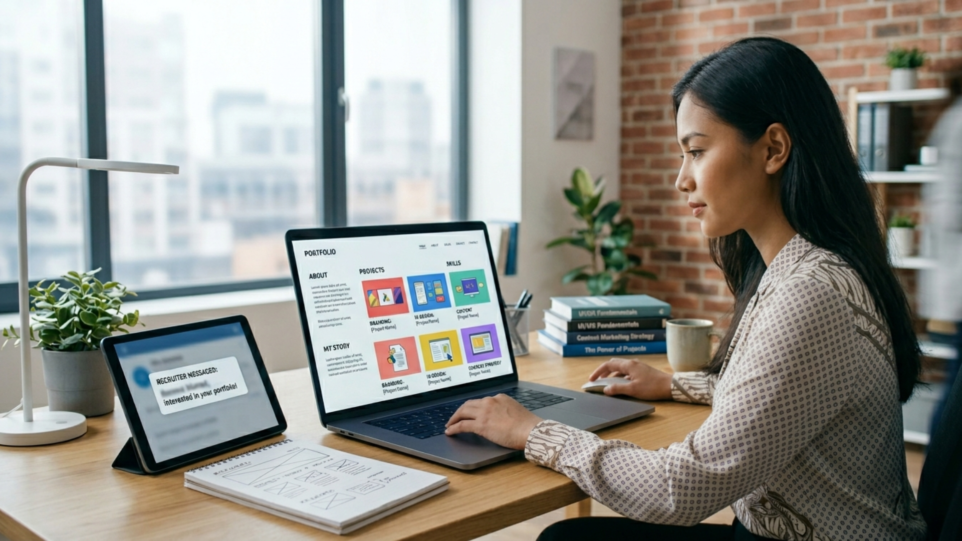 Beranda V2 21 Seorang wanita fokus di laptop, dengan tablet menampilkan pesan bahwa perekrut tertarik pada portofolio onlinenya.