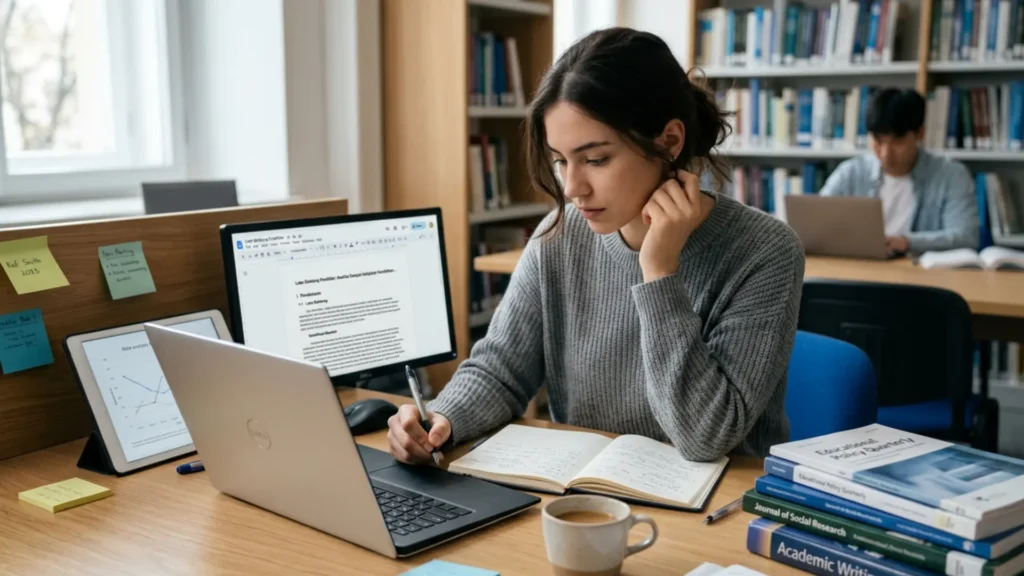 Beranda V2 1 Mahasiswa menulis latar belakang penelitian di laptop dan buku catatan dalam suasana perpustakaan kampus.