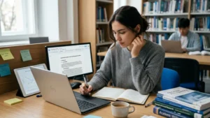 Mahasiswa menulis latar belakang penelitian di laptop dan buku catatan dalam suasana perpustakaan kampus.