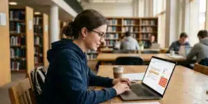 Mahasiswa mengecek plagiarisme gratis menggunakan laptop saat belajar di perpustakaan.