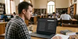 Mahasiswa membuat daftar pustaka otomatis di Word menggunakan laptop di perpustakaan.