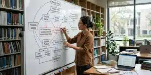 Mahasiswa menjelaskan alur kerangka berpikir penelitian menggunakan diagram hubungan variabel di papan tulis.