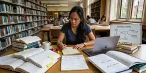 Mahasiswa mencari gap penelitian sambil membaca jurnal dan menyusun catatan skripsi di perpustakaan.