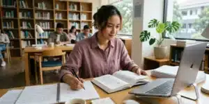 Mahasiswa menulis ulang isi jurnal di laptop sambil membaca referensi untuk menghindari plagiarisme.