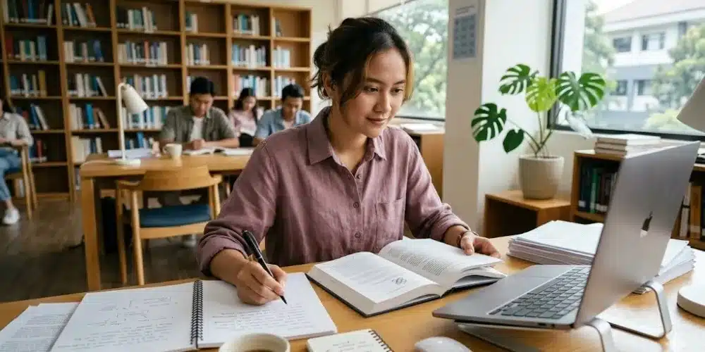 Beranda V2 6 Mahasiswa menulis ulang isi jurnal di laptop sambil membaca referensi untuk menghindari plagiarisme.