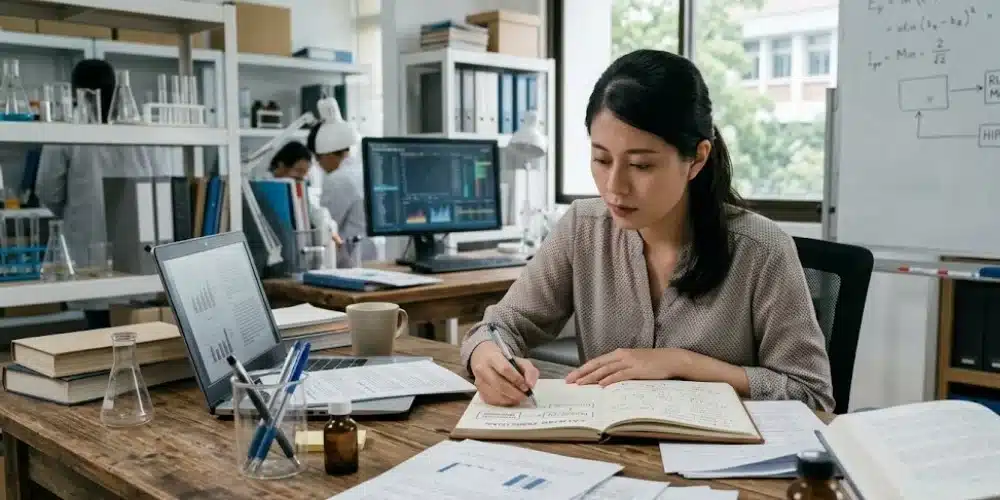Beranda V2 6 Mahasiswa menyusun hipotesis penelitian dari rumusan masalah sambil menulis catatan dan melihat data penelitian.