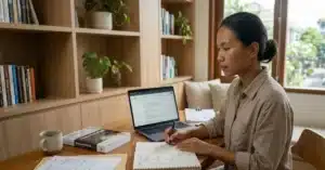 Mahasiswi menulis rancangan pertanyaan kuesioner penelitian sebelum disebarkan kepada responden.