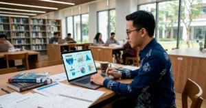 Mahasiswa menganalisis perbedaan populasi dan sampel penelitian menggunakan laptop dengan diagram statistik di perpustakaan.