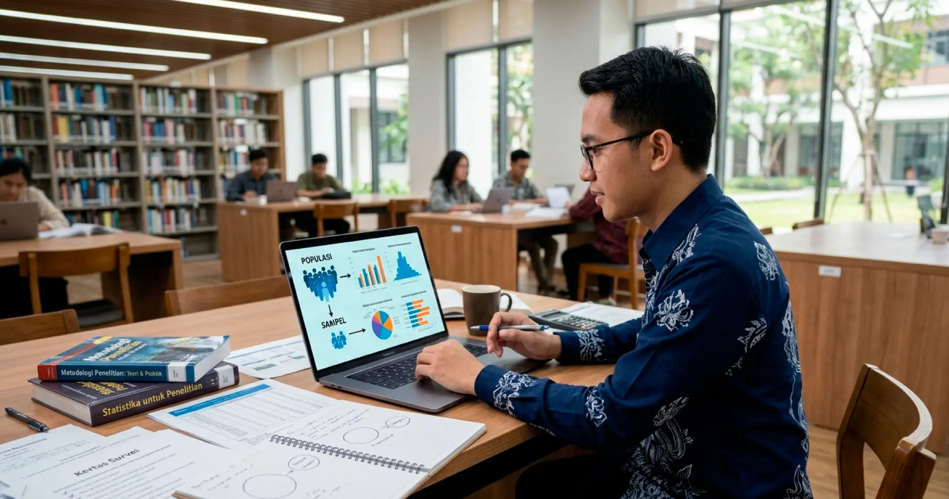Mahasiswa menganalisis perbedaan populasi dan sampel penelitian menggunakan laptop dengan diagram statistik di perpustakaan.