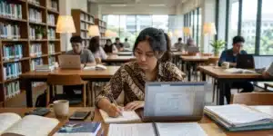 Mahasiswi menyusun tabel operasional variabel penelitian skripsi menggunakan laptop dan catatan indikator penelitian.
