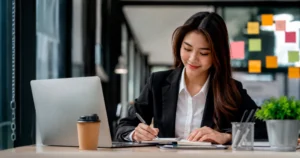 Fresh graduate working at a desk, showing communication and digital skills in a modern workplace.