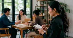Peneliti mengamati interaksi peserta sambil mencatat data untuk memilih teknik observasi yang tepat.