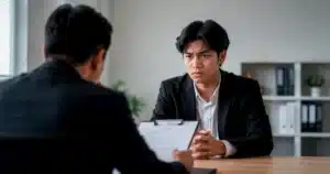 A young job candidate answers an interviewer with a serious expression, showing why memorized interview answers can reduce authentic communication.