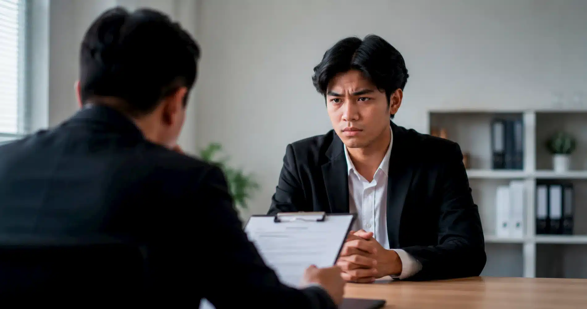 Beranda V2 21 A young job candidate answers an interviewer with a serious expression, showing why memorized interview answers can reduce authentic communication.