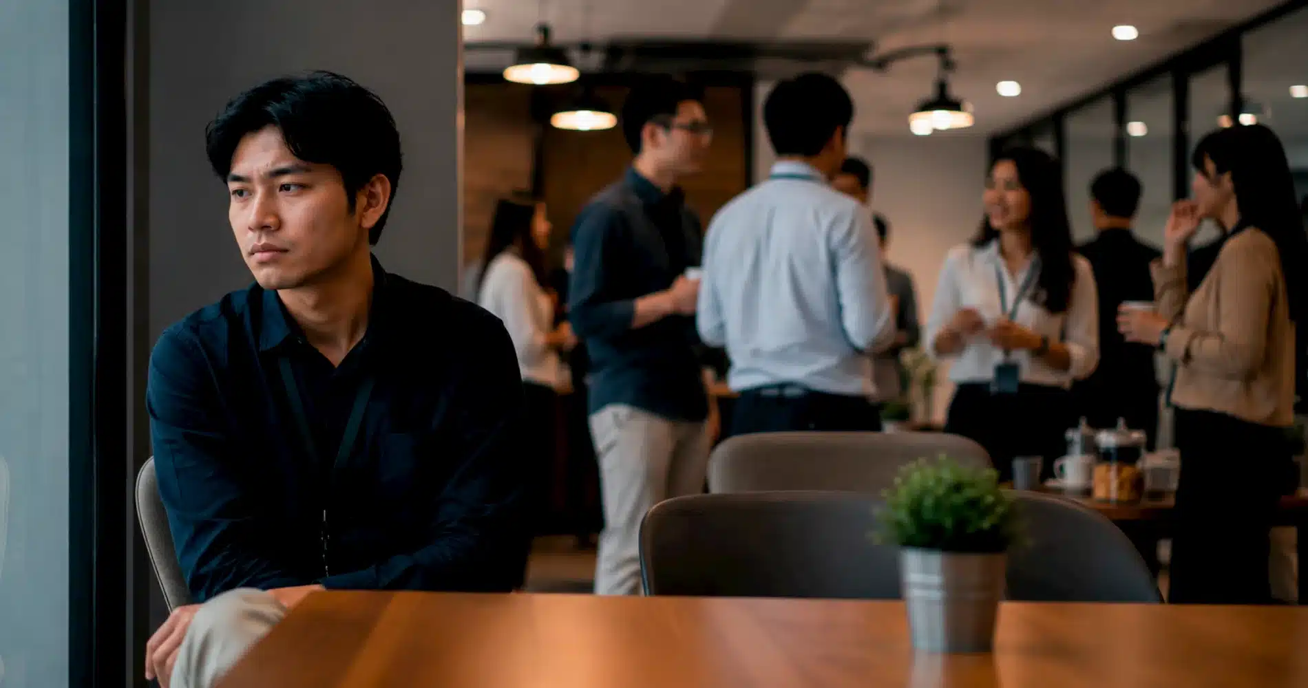 Beranda V2 21 A young professional watches coworkers networking, showing that effective networking depends on approach, not personality.