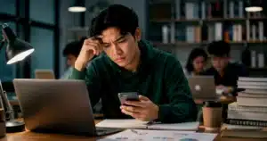 A university student uses a smartphone and laptop, showing the gap between technology use and digital literacy skills.