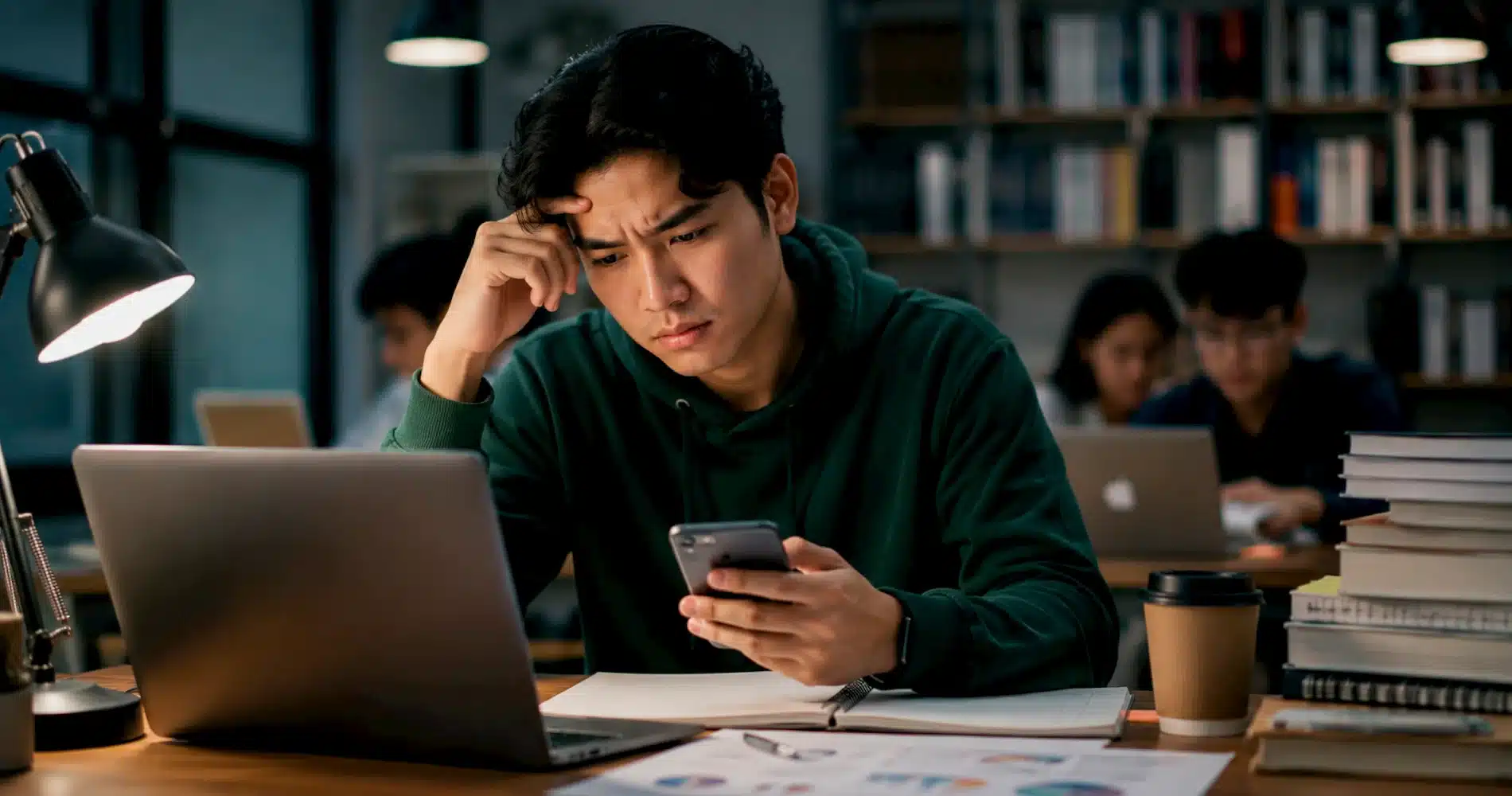 A university student uses a smartphone and laptop, showing the gap between technology use and digital literacy skills.