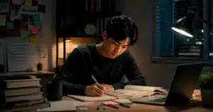 A university student studies quietly at night, showing consistent habits that support long-term academic success behind the scenes.