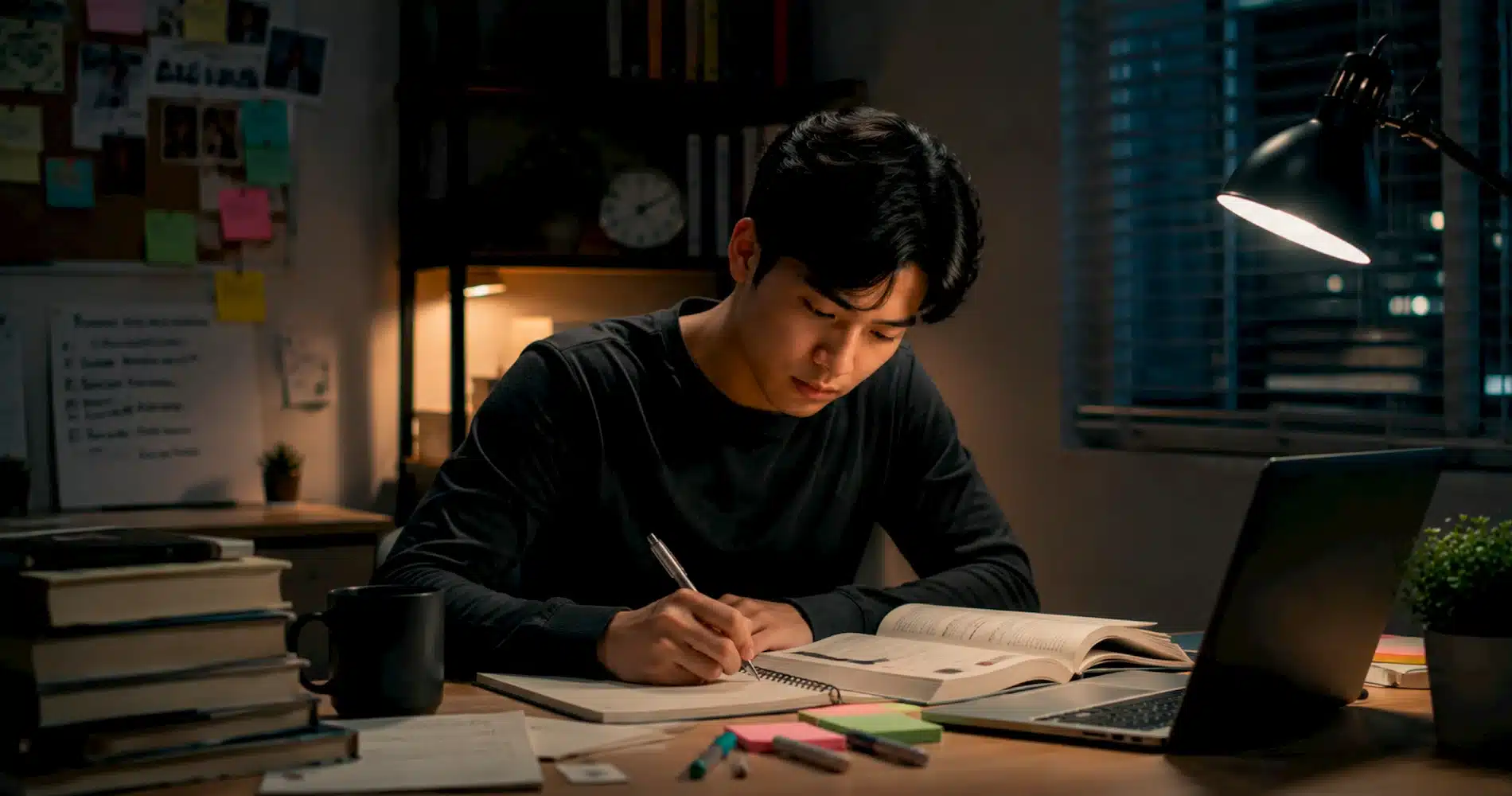 A university student studies quietly at night, showing consistent habits that support long-term academic success behind the scenes.