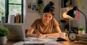 Seorang mahasiswa tampak bingung setelah belajar lama, menunjukkan mengapa materi masih mudah terlupakan meski sudah banyak belajar.