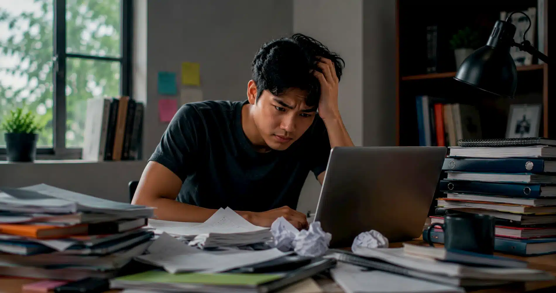 Seorang mahasiswa kebingungan menghadapi tumpukan file dan catatan, menunjukkan mengapa file kuliah kembali berantakan setelah awal semester.