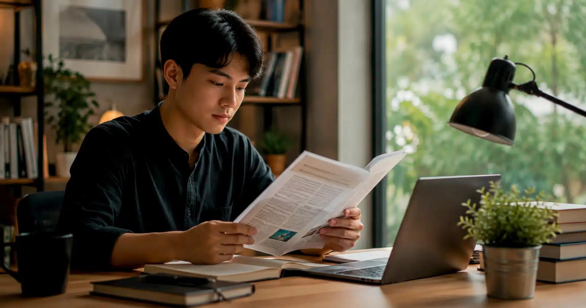 Seorang mahasiswa membaca jurnal ilmiah di meja belajar, menunjukkan kebiasaan membangun pola pikir melalui bacaan setiap minggu.