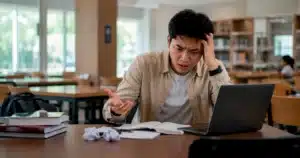 Mahasiswa terlihat bingung di perpustakaan saat mencoba mengingat ide dan materi kuliah yang cepat terlupakan.
