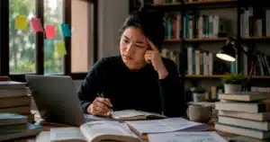 Mahasiswa membandingkan referensi dan jurnal untuk menentukan systematic literature review atau tinjauan pustaka pada skripsi.