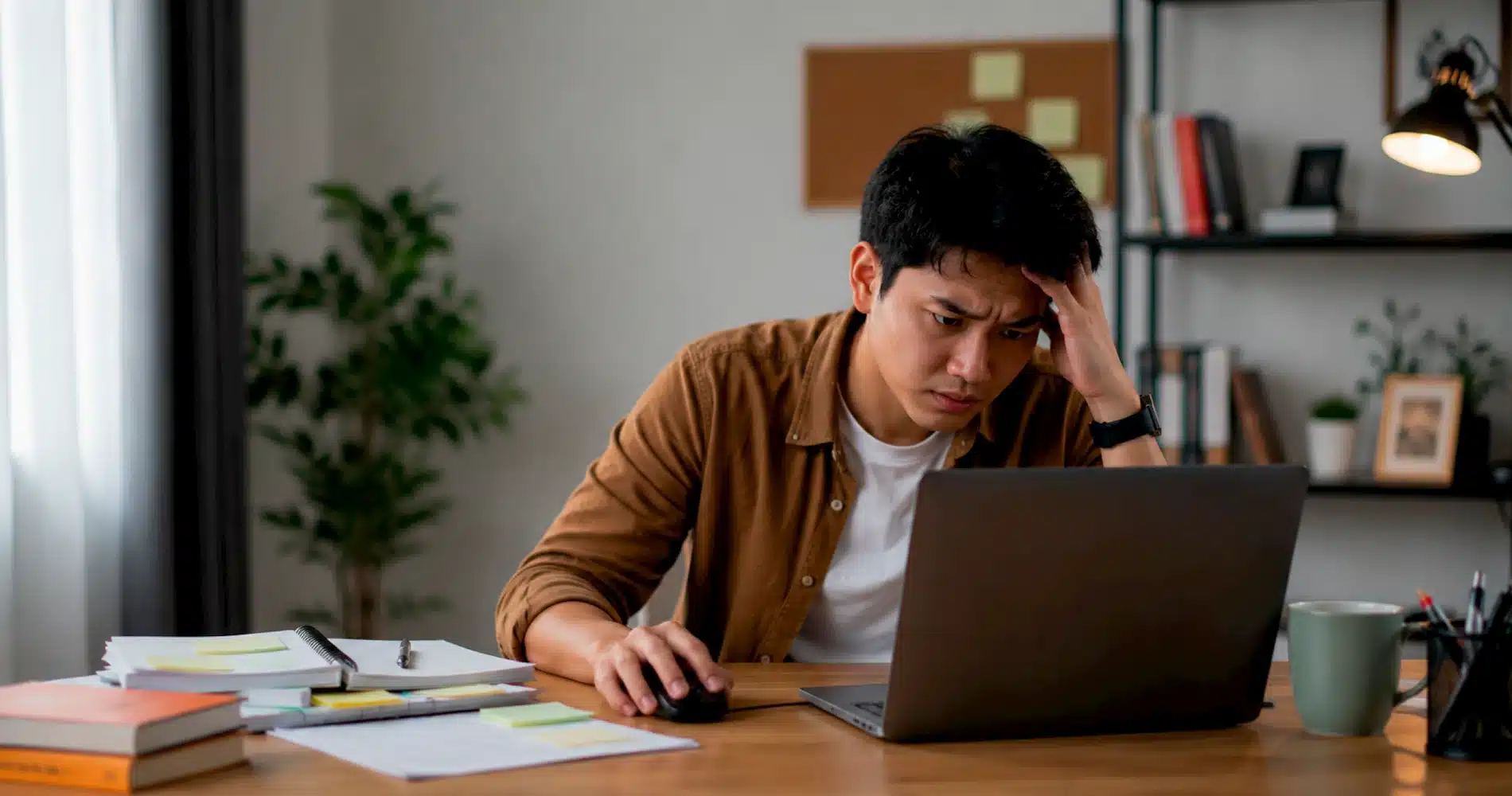 Beranda V2 11 Seorang pekerja melihat laptop dengan bingung saat banyak tab browser membuat pekerjaan terasa tidak teratur.