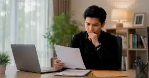 Seorang pelamar kerja meninjau cover letter di meja kerja sebelum mengirim lamaran ke perusahaan.
