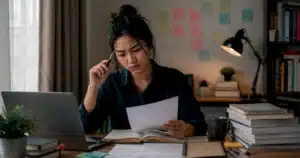 Mahasiswa meninjau dokumen penelitian sambil memastikan instrumen yang dipilih sesuai dengan tujuan penelitian.