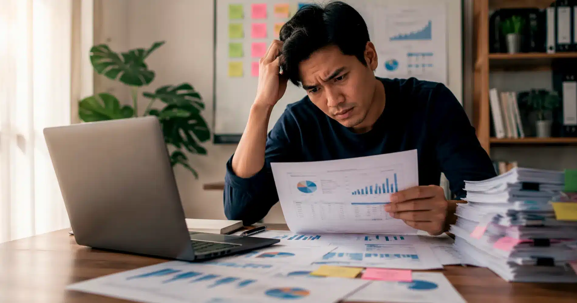 Beranda V2 6 A student examines collected research data with concern after realizing the chosen research method may not be suitable.