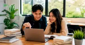 Dua mahasiswa berdiskusi tentang skripsi sambil memeriksa materi penelitian bersama menggunakan laptop.