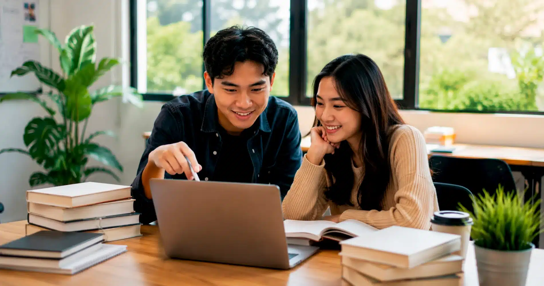 Beranda V2 6 Dua mahasiswa berdiskusi tentang skripsi sambil memeriksa materi penelitian bersama menggunakan laptop.
