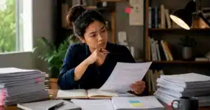 Mahasiswa meninjau naskah yang penuh koreksi untuk menentukan apakah membutuhkan editing atau proofreading sebelum disubmit.