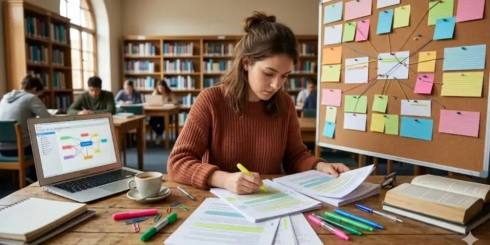 Mahasiswa menandai dokumen dan menyusun catatan di papan, menggambarkan proses analisis data kualitatif skripsi.