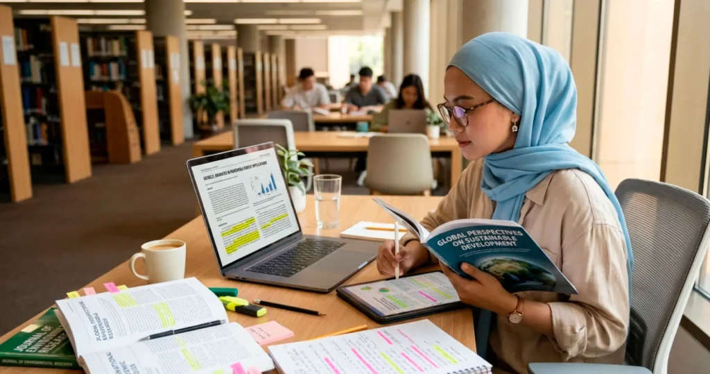 Mahasiswi membaca jurnal internasional sambil memberi highlight dan mencatat poin penting di perpustakaan kampus.