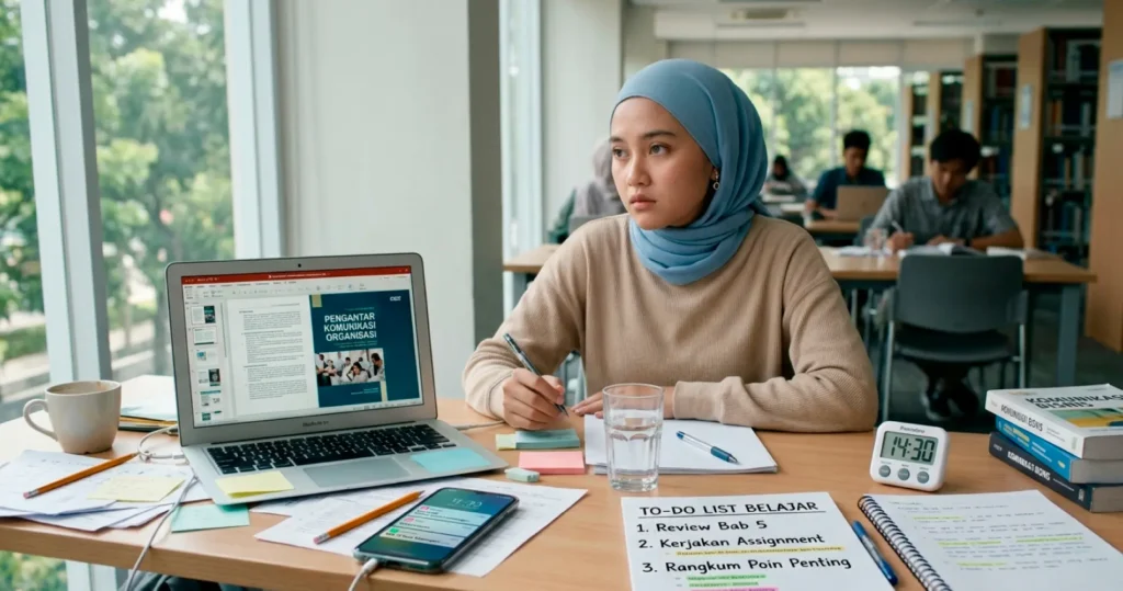 Mahasiswi sulit fokus belajar karena distraksi ponsel sambil mencoba mengatur waktu dan tugas belajar.