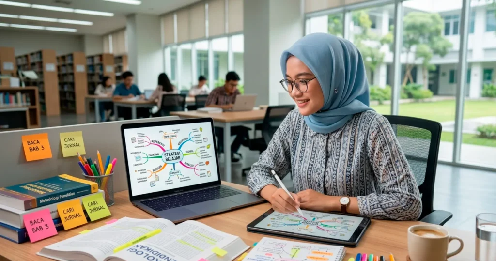 Mahasiswi membuat mind mapping digital di laptop dan tablet untuk membantu belajar lebih terstruktur.