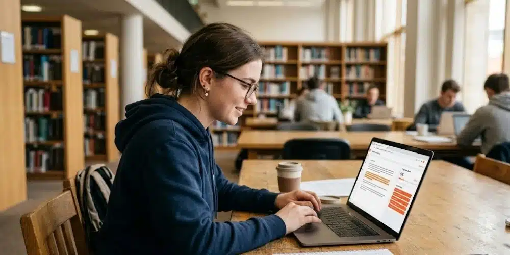 Mahasiswa mengecek plagiarisme gratis menggunakan laptop saat belajar di perpustakaan.