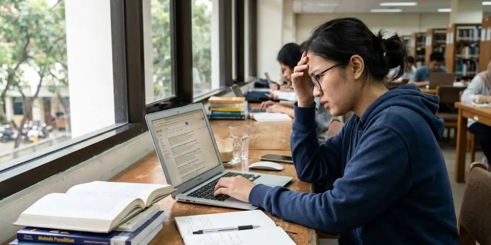 Mahasiswa mencari jurnal di laptop tetapi hasil pencarian belum sesuai kebutuhan.